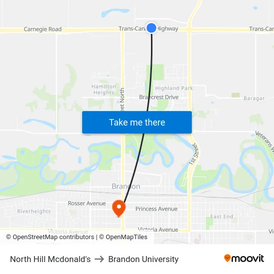 North Hill Mcdonald's to Brandon University map