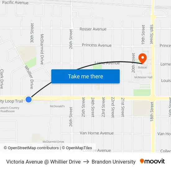Victoria Avenue @ Whillier Drive to Brandon University map