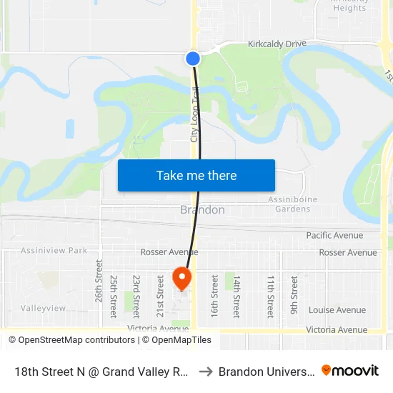 18th Street N @ Grand Valley Road to Brandon University map