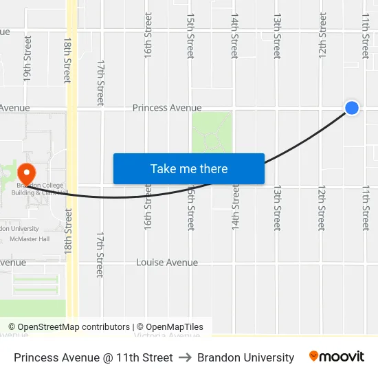Princess Avenue @ 11th Street to Brandon University map