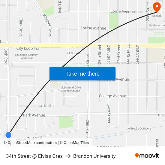 34th Street @ Elviss Cres to Brandon University map