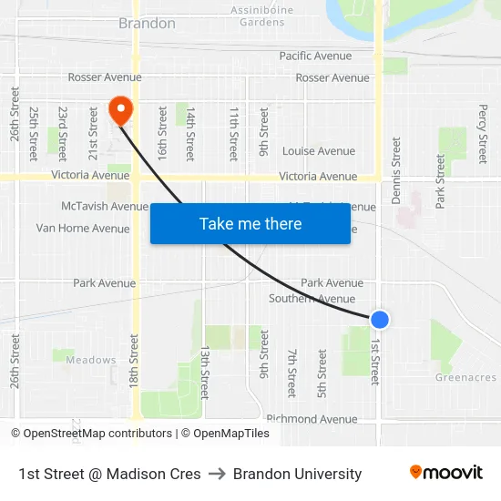 1st Street @ Madison Cres to Brandon University map