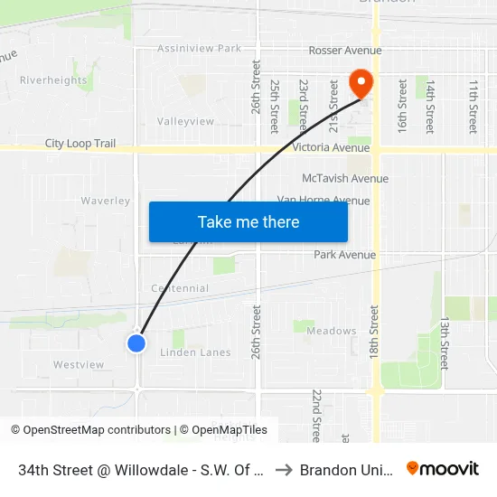 34th Street @ Willowdale - S.W. Of Traffic Circle to Brandon University map