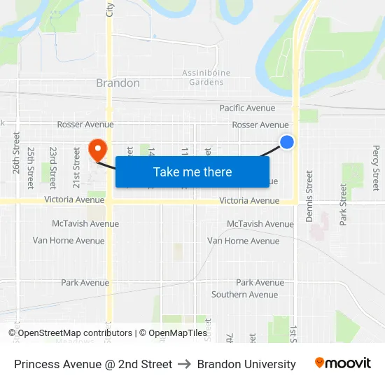 Princess Avenue @ 2nd Street to Brandon University map