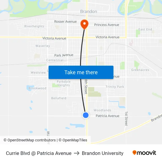 Currie Blvd @ Patricia Avenue to Brandon University map