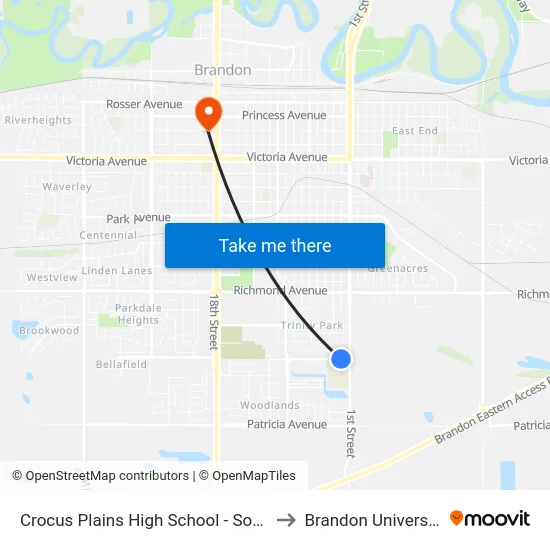 Crocus Plains High School - South to Brandon University map