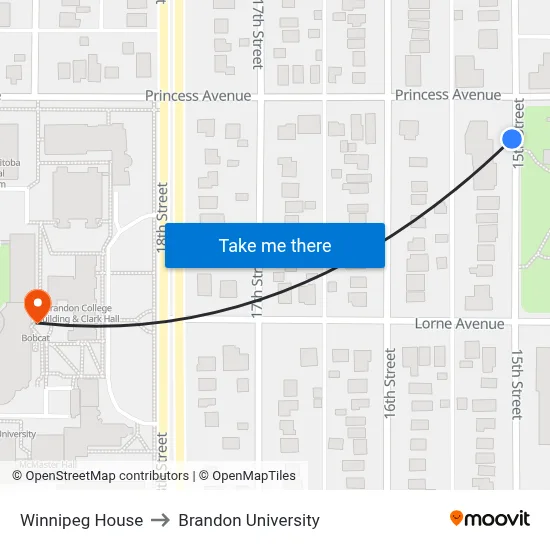 Winnipeg House to Brandon University map