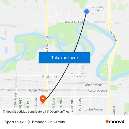 Sportsplex to Brandon University map