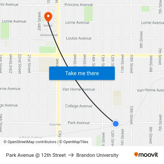 Park Avenue @ 12th Street to Brandon University map