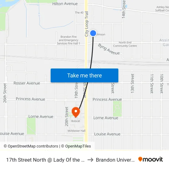 17th Street North @ Lady Of the Lake to Brandon University map