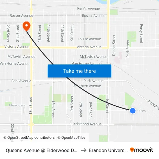 Queens Avenue @ Elderwood Drive to Brandon University map