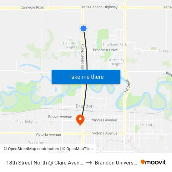 18th Street North @ Clare Avenue to Brandon University map