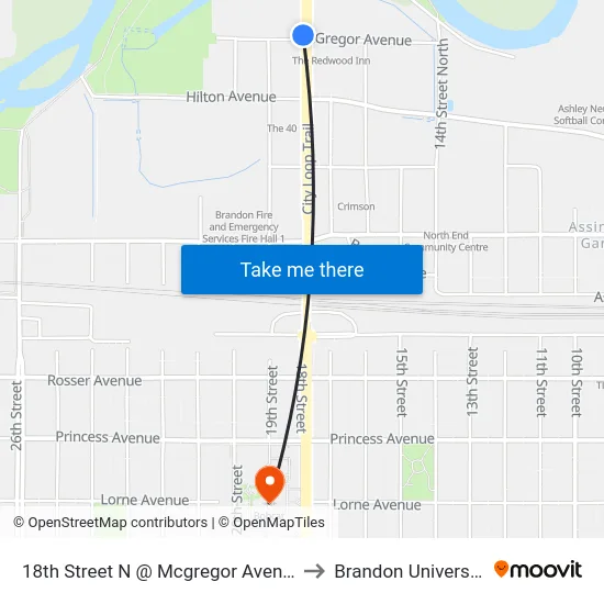 18th Street N @ Mcgregor Avenue to Brandon University map