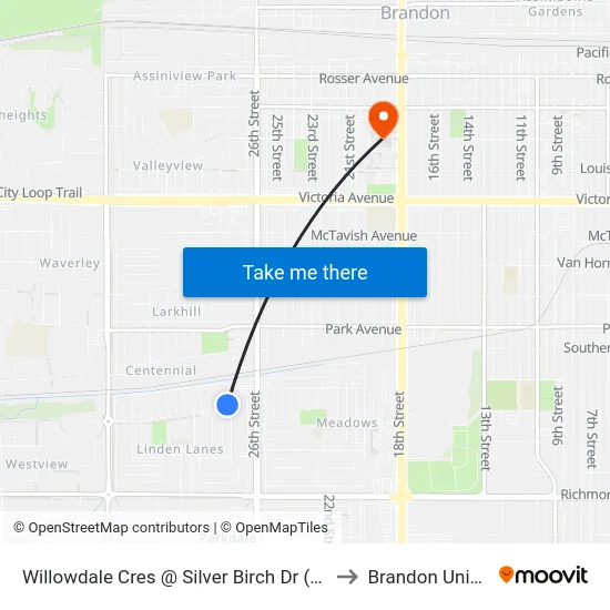 Willowdale Cres @ Silver Birch Dr (E Of S Birch) to Brandon University map