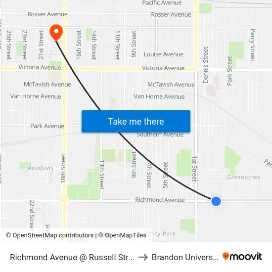 Richmond Avenue @ Russell Street to Brandon University map