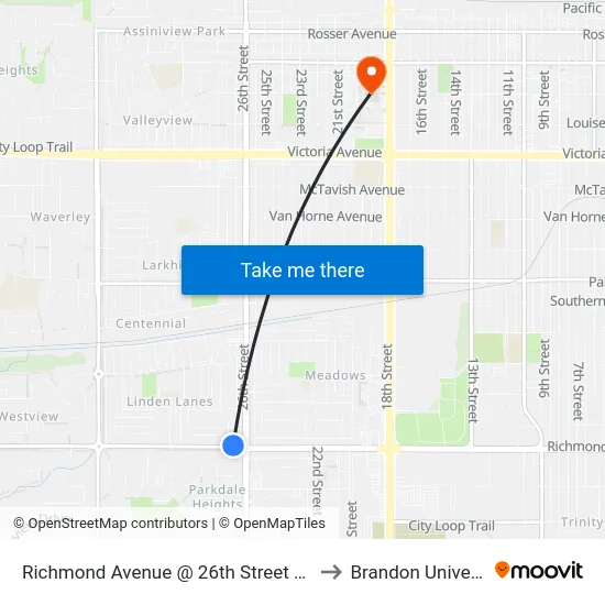 Richmond Avenue @ 26th Street (North) to Brandon University map