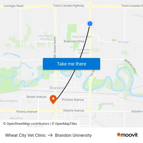 Wheat City Vet Clinic to Brandon University map