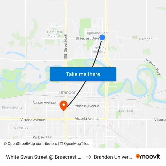 White Swan Street @ Braecrest Drive to Brandon University map