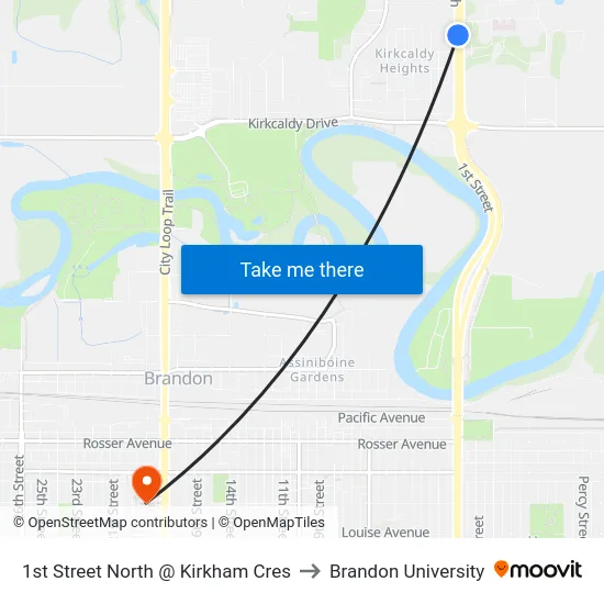 1st Street North @ Kirkham Cres to Brandon University map