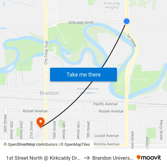 1st Street North @ Kirkcaldy Drive to Brandon University map