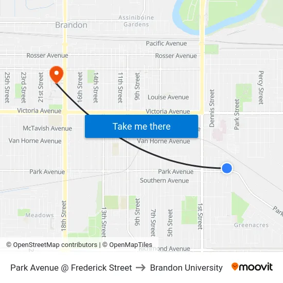 Park Avenue @ Frederick Street to Brandon University map