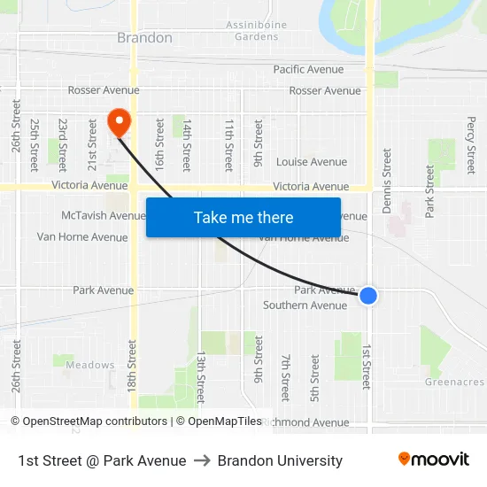 1st Street @ Park Avenue to Brandon University map