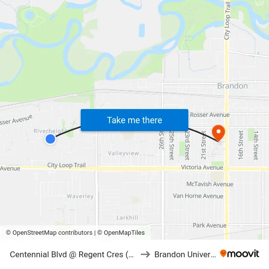 Centennial Blvd @ Regent Cres (North) to Brandon University map