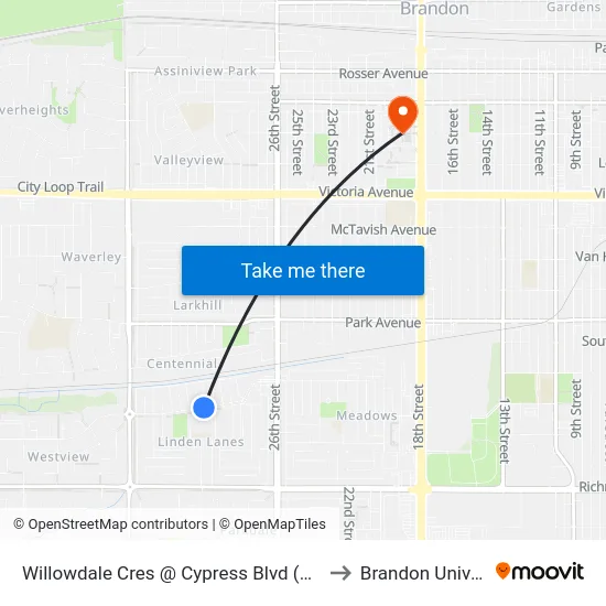 Willowdale Cres @ Cypress Blvd (Westridge) to Brandon University map