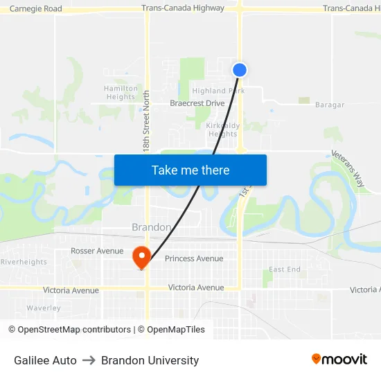 Galilee Auto to Brandon University map