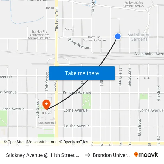 Stickney Avenue @ 11th Street North to Brandon University map
