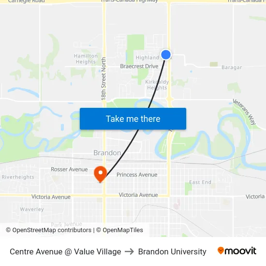 Centre Avenue @ Value Village to Brandon University map