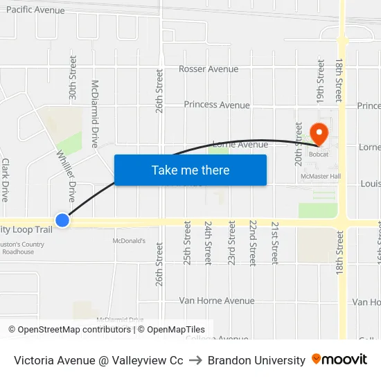 Victoria Avenue @ Valleyview Cc to Brandon University map
