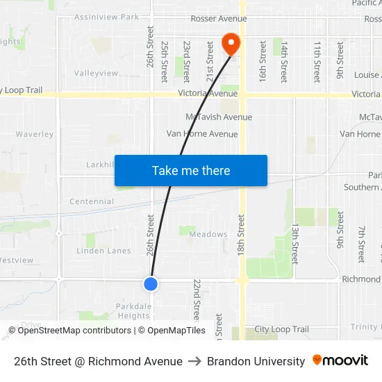 26th Street @ Richmond Avenue to Brandon University map