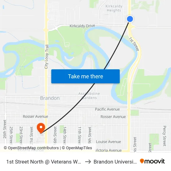 1st Street North @ Veterans Way to Brandon University map