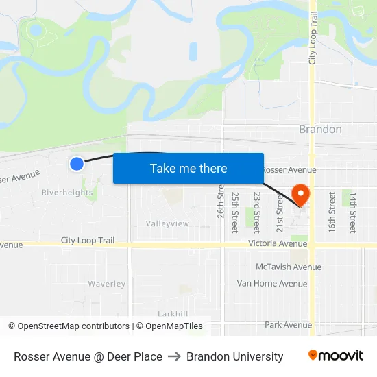 Rosser Avenue @ Deer Place to Brandon University map