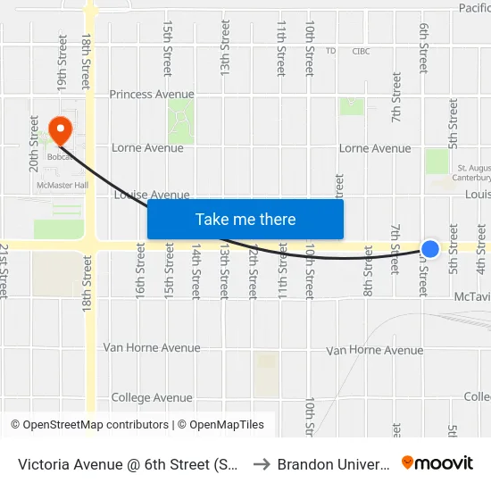 Victoria Avenue @ 6th Street (South) to Brandon University map