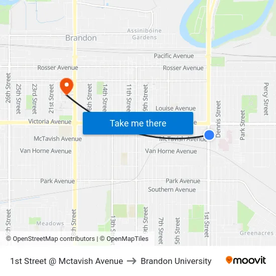1st Street @ Mctavish Avenue to Brandon University map