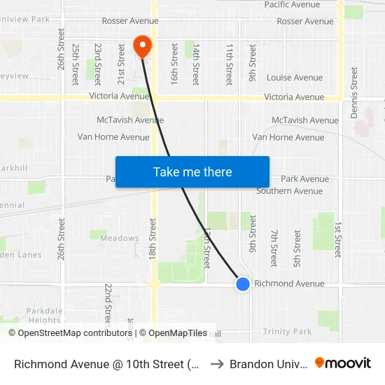 Richmond Avenue @ 10th Street (North Side) to Brandon University map