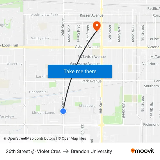 26th Street @ Violet Cres to Brandon University map