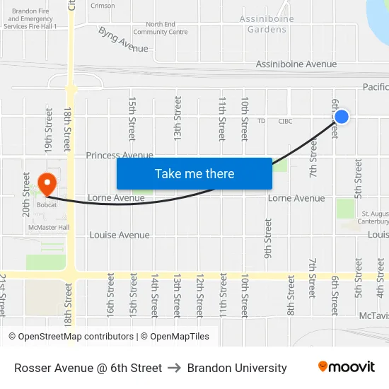Rosser Avenue @ 6th Street to Brandon University map