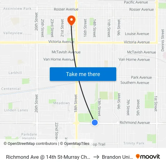 Richmond Ave @ 14th St-Murray Chev Olds (North) to Brandon University map