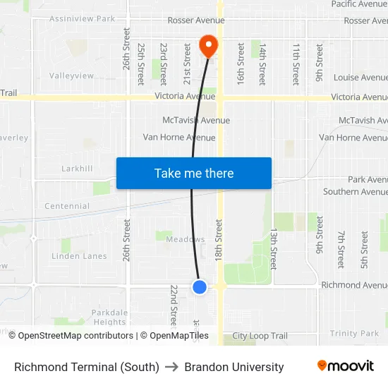 Richmond Terminal (South) to Brandon University map