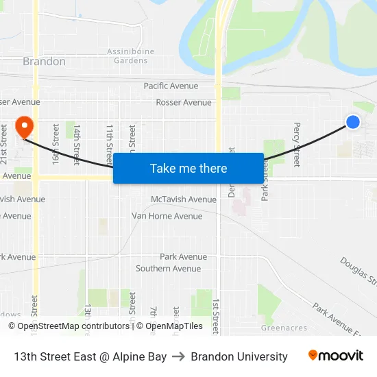 13th Street East @ Alpine Bay to Brandon University map