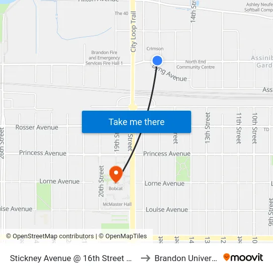 Stickney Avenue @ 16th Street North to Brandon University map