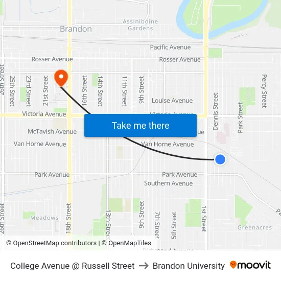 College Avenue @ Russell Street to Brandon University map