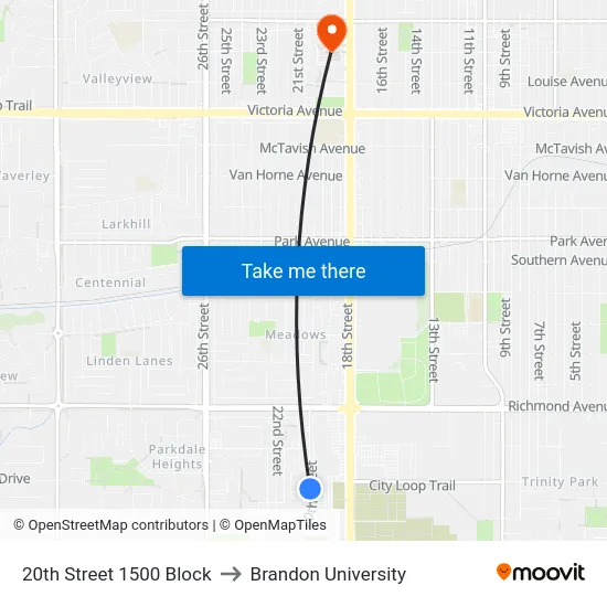 20th Street  1500 Block to Brandon University map
