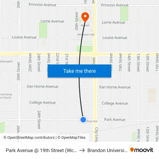 Park Avenue @ 19th Street (Wcg) to Brandon University map