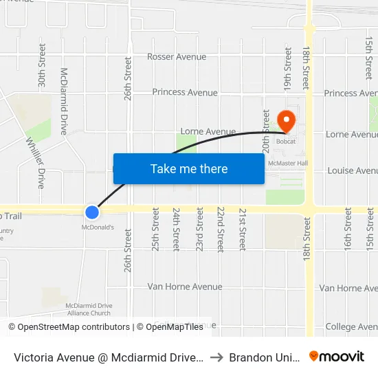 Victoria Avenue @ Mcdiarmid Drive (South Side) to Brandon University map