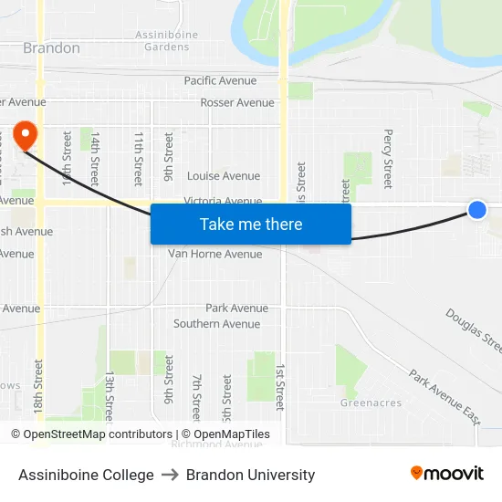 Assiniboine College to Brandon University map