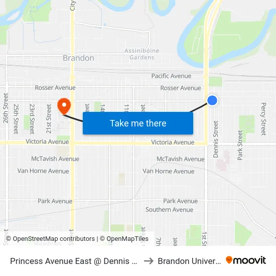 Princess Avenue East @ Dennis Street to Brandon University map